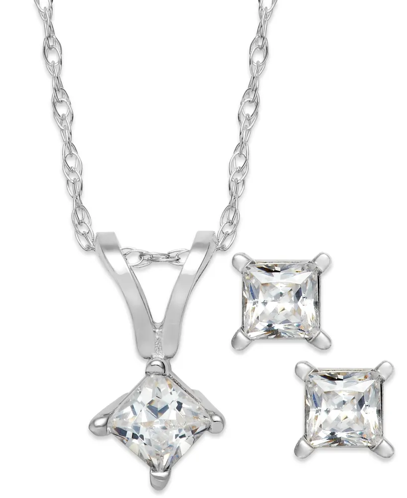 Princess-Cut Diamond Pendant Necklace and Earrings Set in 10k White Gold (1/10 ct. t.w.)