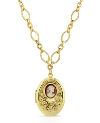 2028 Carnelian Cameo with Flowers Oval Locket Necklace