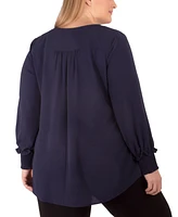 Plus Size Long Sleeve Overlapping Crepe Top with Necklace