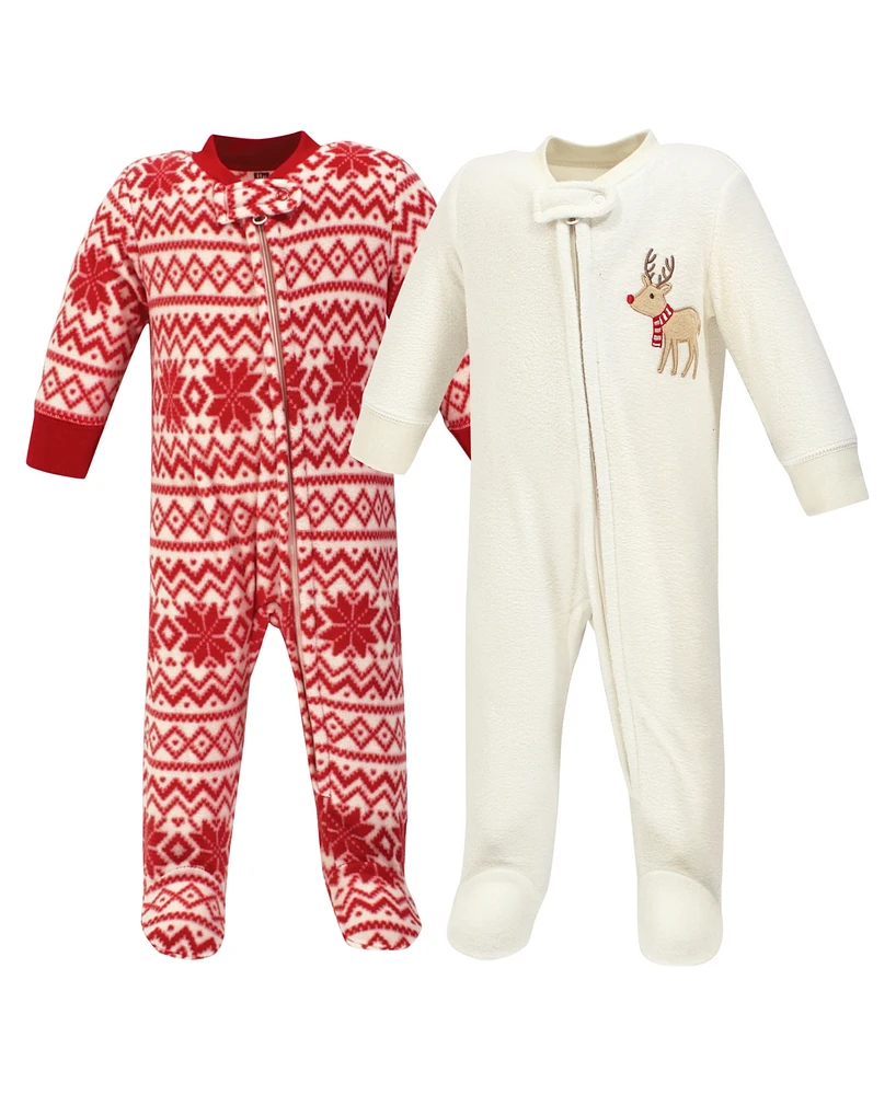 Hudson Baby Boys Fleece Zipper Sleep and Play 2pk, Reindeer, 0-3 Months