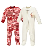Hudson Baby Boys Fleece Zipper Sleep and Play 2pk, Reindeer, 0-3 Months