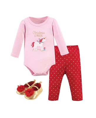 Hudson Baby Girls Cotton Bodysuit, Pant and Shoe 3pc Set, Magical Christmas, 0-3 Months