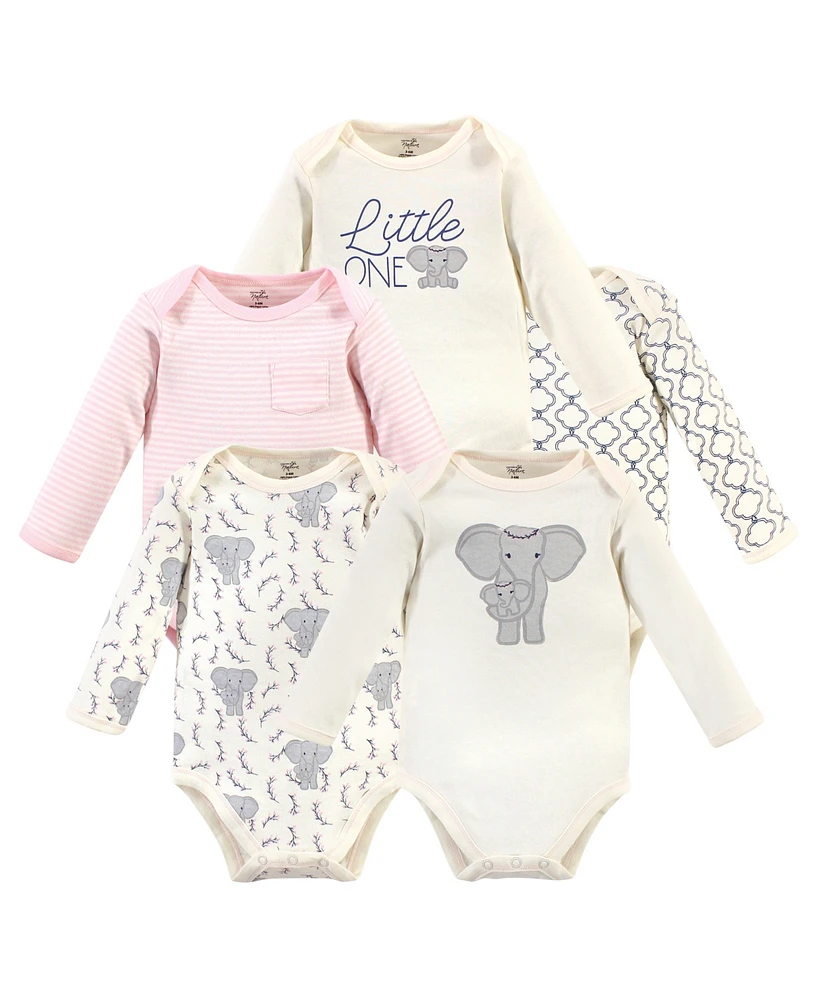 Touched by Nature Baby Girls Organic Cotton Long-Sleeve Bodysuits 5pk, Pink Elephant, Preemie