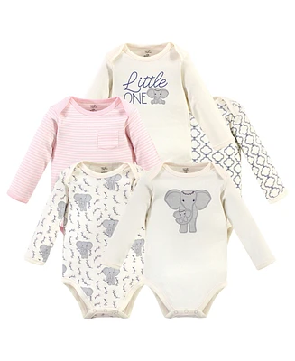 Touched by Nature Baby Girls Organic Cotton Long-Sleeve Bodysuits 5pk, Pink Elephant, 0-3 Months