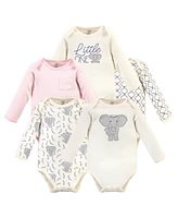 Touched by Nature Baby Girls Organic Cotton Long-Sleeve Bodysuits 5pk, Pink Elephant, Preemie