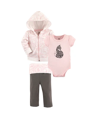 Yoga Sprout Baby Girls Cotton Hoodie, Bodysuit or Tee Top, and Pant, Lace Garden Baby, 0-3 Months