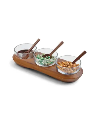 Nambe Cooper Wood Triple Condiment Server with Spoons