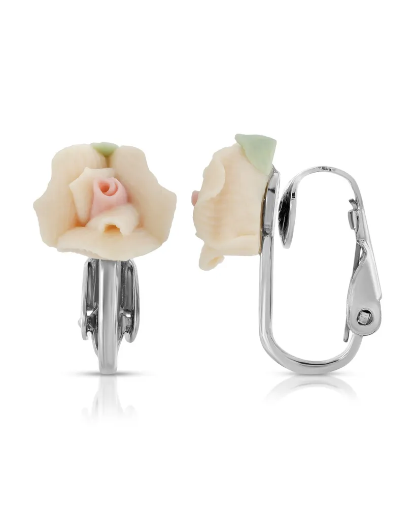 2028 Silver Tone Peach Porcelain Rose Clip Earrings