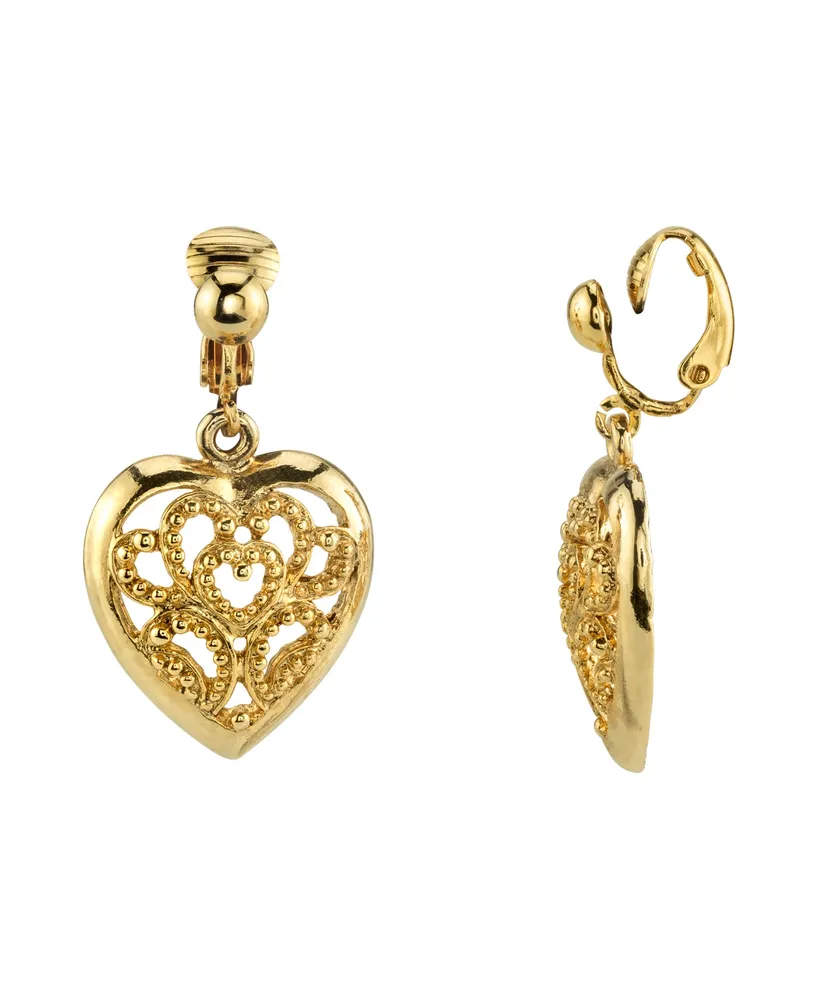 2028 Gold Tone Filigree Heart Drop Clip Earrings