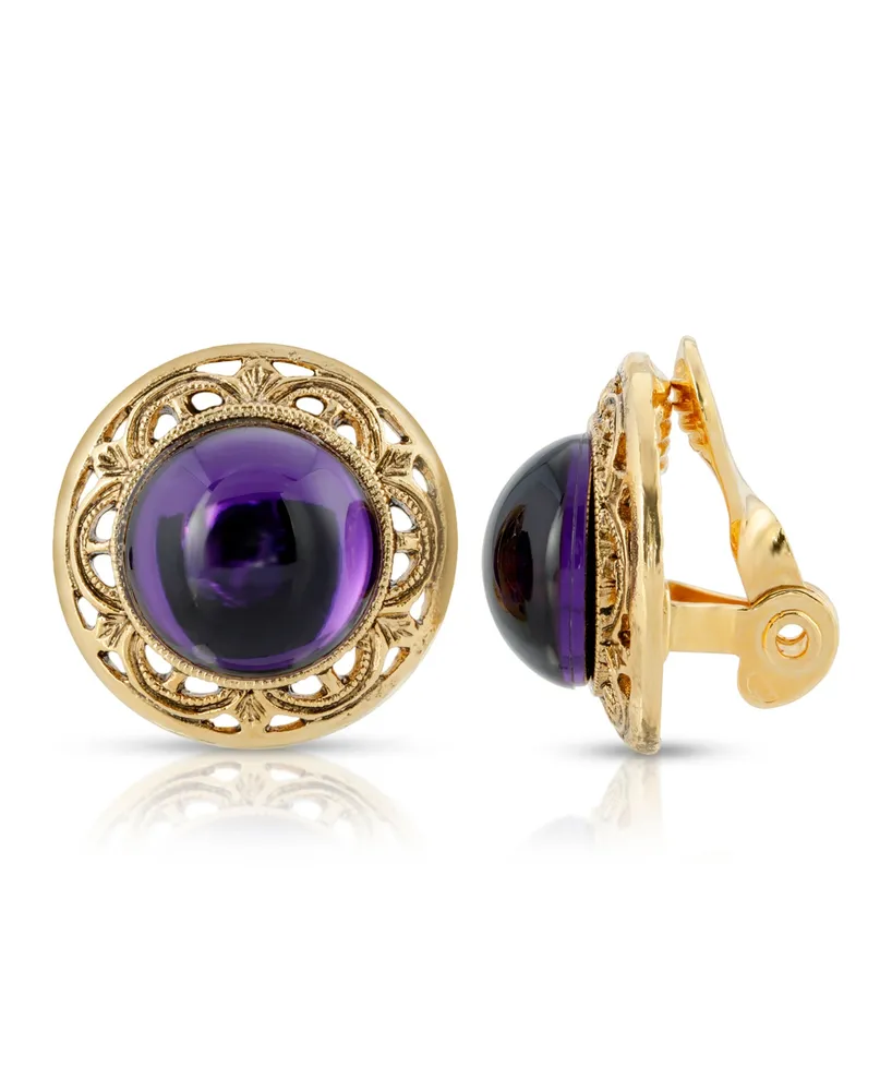 2028 Gold Tone Purple Stone Round Button Clip Earring