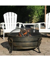 Cauldron Style Outdoor Fire Pit Bowl with Spark Screen, Log Poker, and Wood Grate