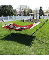 Quilted Fabric Double Hammock with 12-Foot Stand - 400-Pound Capacity - Black Stand - Red