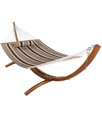 Double Quilted Fabric Hammock with 12-Foot Curved Arc Wood Stand - 400-Pound Capacity - Sandy Beach