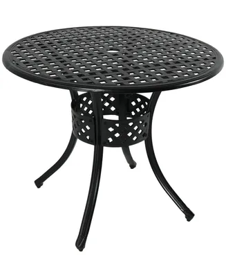 Decorative Lattice Cast Aluminum Patio Dining Table with Umbrella Hole - 33-Inch Diameter - Black