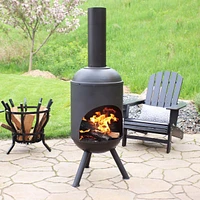 Sunnydaze Decor 5-Foot Black Cold-Rolled Steel Modern Chiminea with Durable Wood Grate - Heat-Resistant Paint Finish