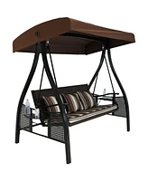 3-Seat Patio Swing with Steel Frame and Canopy - 600-Pound Weight Capacity - Brown Stripe Cushions