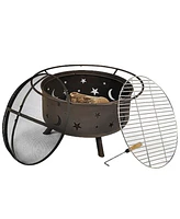 Sunnydaze Decor Cosmic 30-Inch Fire Pit with Cooking Bbq Grill Grate, Spark Screen, and Fireplace Poker - Celestial Design