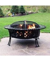 Sunnydaze Decor 40-Inch Round Steel Fire Pit Table with Durable Spark Screen and Poker - Portable Design - Black