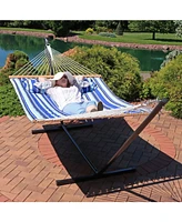 Quilted Double Hammock with 12-Foot Stand and Pillow - 350-Pound Capacity - Black Stand