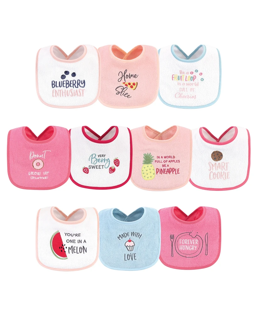 Hudson Baby Infant Girl Cotton Terry Drooler Bibs with Fiber Filling 10pk, Food Girl, One