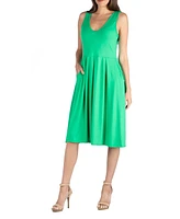 24seven Comfort Apparel Fit and Flare Midi Sleeveless Dress with Pocket Detail