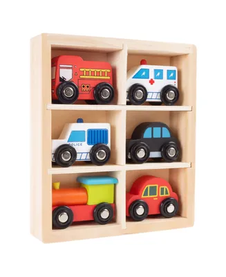 Hey Play Wooden Car Playset - Mini Toy Vehicle Set With Cars, Police And Fire Trucks, Train-Pretend Play Fun For Preschool Boys And Girls, 6 Pieces