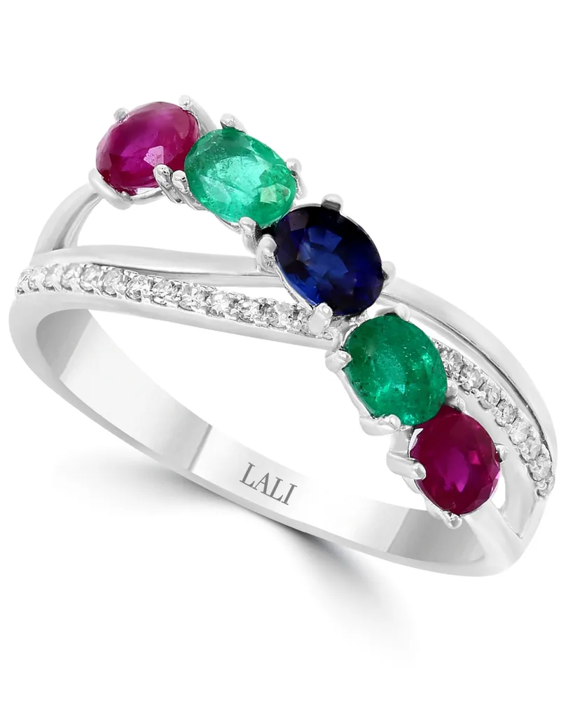 Lali Jewels Multi-Gemstone (7/8 ct. t.w.) & Diamond (1/10 ct. t.w.) Ring in 14k White Gold