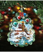 Designocracy Light House Tree Wooden Christmas Ornament Set of 2