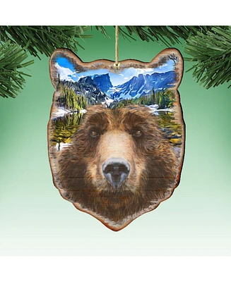 Designocracy Bear Face Wooden Ornaments Set of 2