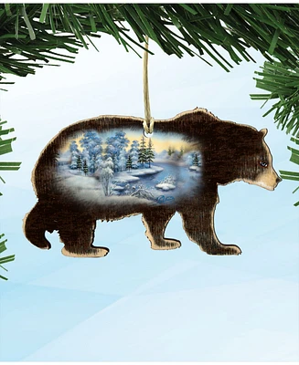 Designocracy Winter Scenic Black Bear Wooden Christmas Ornament Set of 2