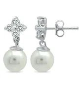 Imitation Pearl and Cluster Cubic Zirconia Drop Earrings Crafted in Silver Plate