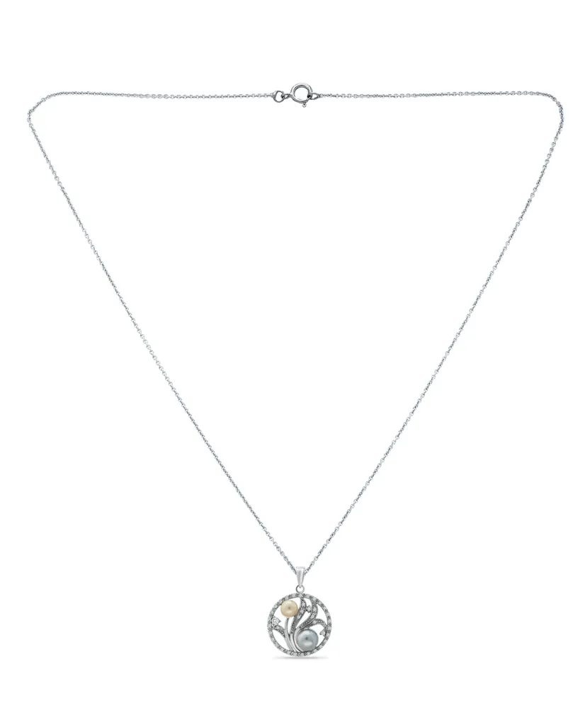 Multi-Color Imitation Pearls and Cubic Zirconia Floral Medallion Pendant in Silver Plate 18"