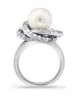 Imitation Pearl and Cubic Zirconia Pave Swirl Ring Silver Plate