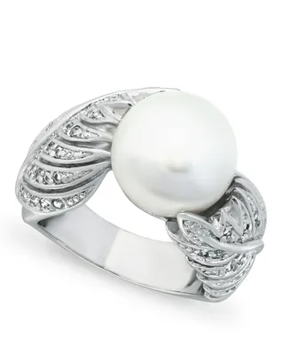 Imitation Pearl and Multi Row Pave Cubic Zirconia Ring Silver Plate