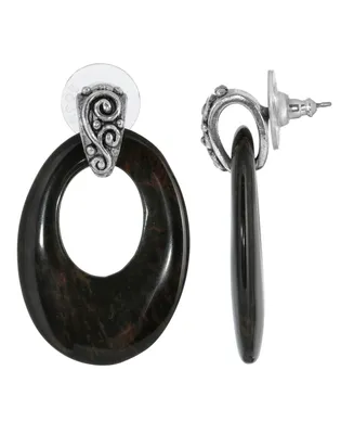 2028 Pewter Semi Precious Oval Obsidian Hoop Earrings