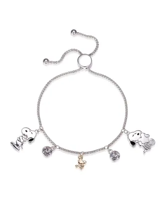 Peanuts "Snoopy" and "Woodstock" Crystal Adjustable Bolo Silver Plated Bracelet, Created for Macy's