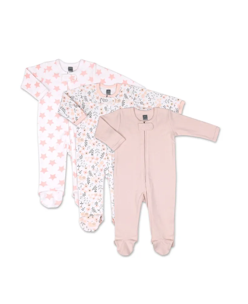 The Peanutshell Baby Girls Flower 3-Pack Sleepers, Pink and White, Newborn