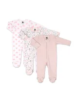 The Peanutshell Baby Girls Flower 3-Pack Sleepers, Pink and White, Newborn