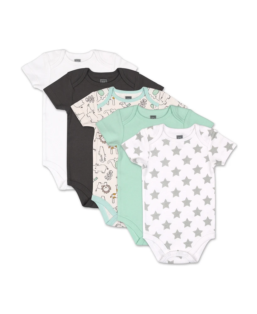 The Peanutshell Baby Boys Short Sleeve Bodysuit Set, 5 Pack, Safari, Black, White, Sage, Stars