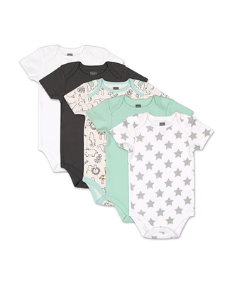 The Peanutshell Baby Boy or Girl Short Sleeve Bodysuit Set, 5 Pack, Safari, Black, White, Sage, Stars