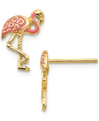 Flamingo Pink Enamel Stud Earrings in 14k Gold