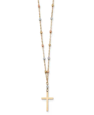 Tricolor Beaded Cross 17" Pendant Necklace in 14k Yellow, White & Rose Gold