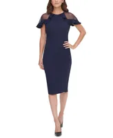 Eliza J Ruffled Sheer-Sleeve Sheath Dress