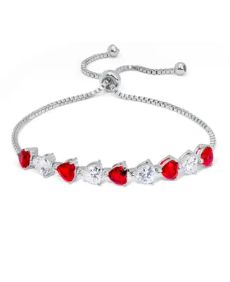 Silver Plate Simulated Ruby And Cubic Zirconia Heart Adjustable Bolo Bracelet