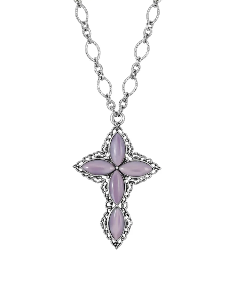 2028 Pewter Amethyst Diamond Shaped Stones Cross 24" Necklace