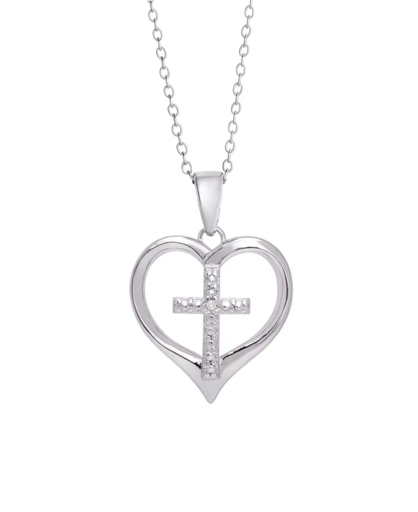 Macy's Diamond Accent Silver-plated Cross in Heart Pendant Necklace