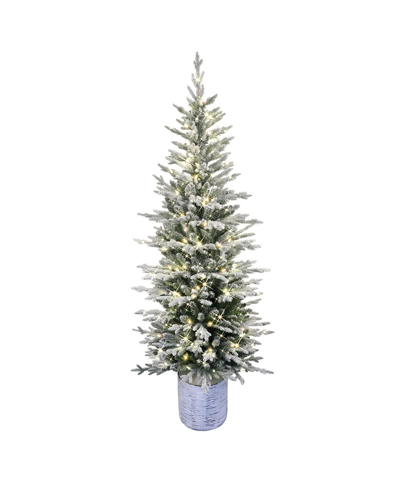 Puleo 6' Pre-Lit Potted Flocked Arctic Fir Pencil Artificial Christmas Tree