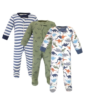 Touched by Nature Baby Boys Organic Cotton Zipper Sleep and Play 3pk, Dinosaurs, 0-3 Months