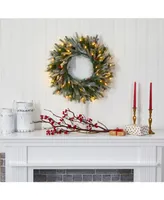 Nearly Natural Snowed Artificial Christmas Wreath with 50 Warm Led Lights and Pine Cones