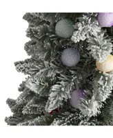Nearly Natural Flocked British Columbia Mountain Fir Artificial Christmas Tree in Decorative Planter with 50 Multi Color Globe Bulbs and 379 Bendable